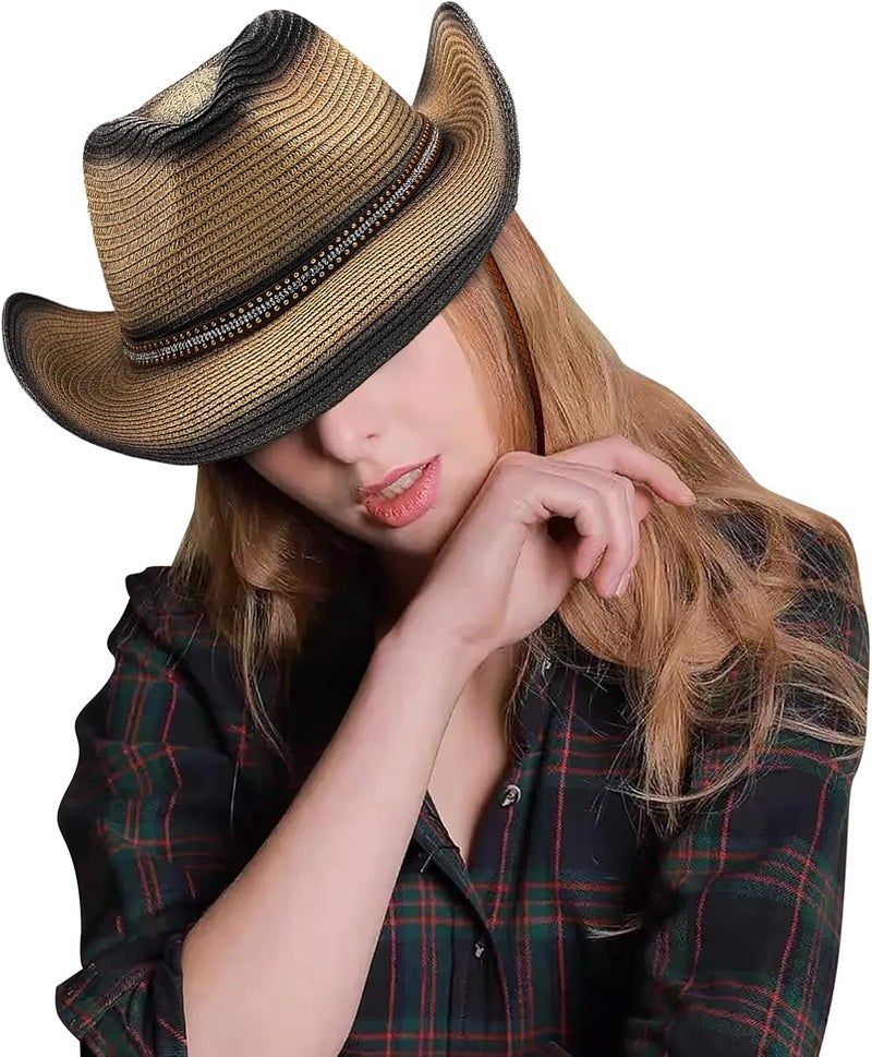 Holiberty Mens Straw Cowgirl Cowboy Hat Women Floppy Packable Wide Brim Sun Hat UPF50 Western Panama Travel Beach Cap Fedora Bucket Hat - Image 3